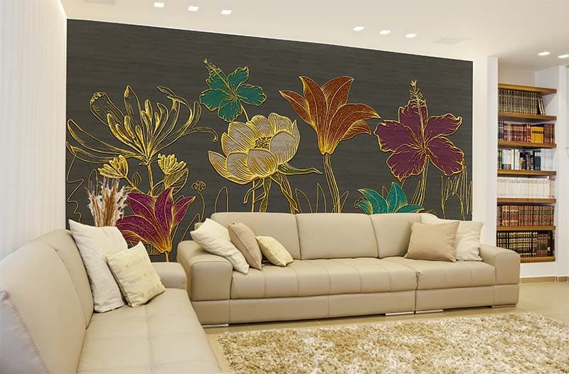 3D Floral Gold Elegance Wallpaper Mural shown in a room