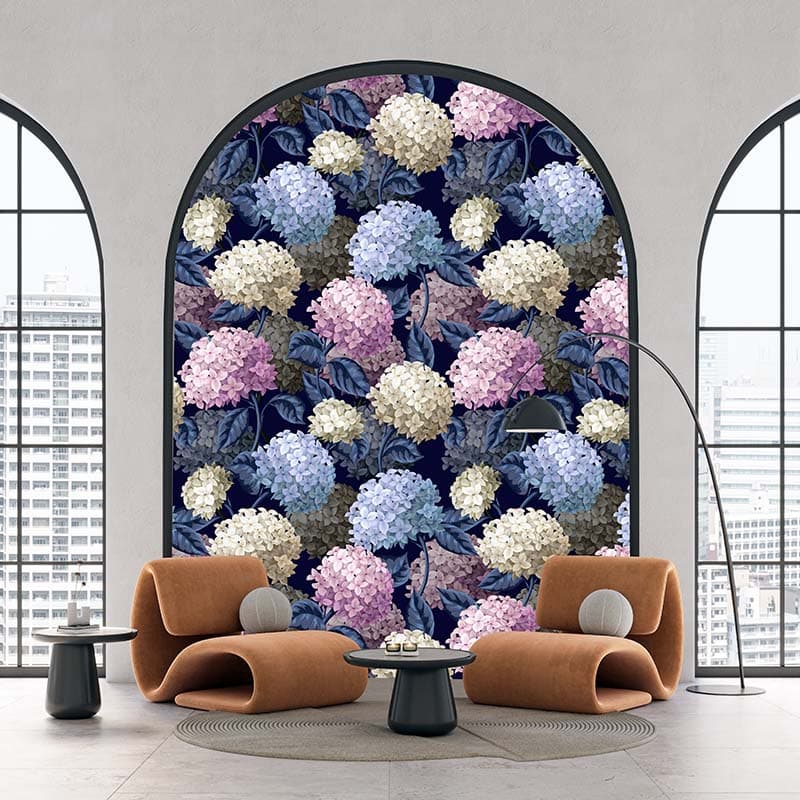 Beautiful Hydrangeas Flowers Wallpaper Mural shown in a room