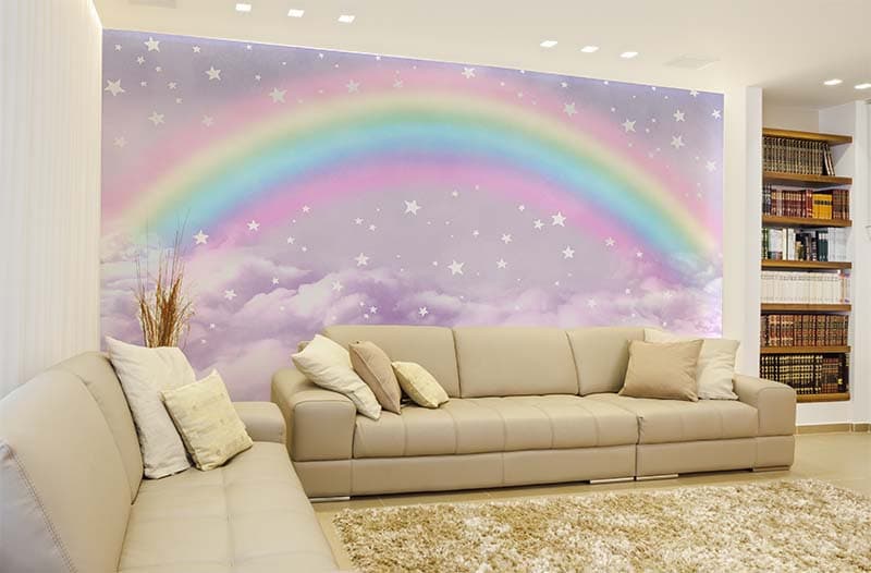 Colorful Pastel Rainbow and Clouds Wallpaper shown in a room