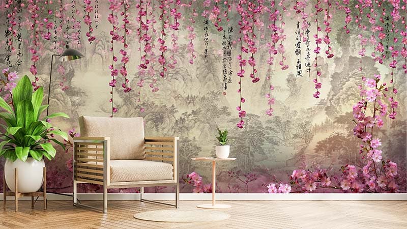 Beautiful Hanging Sakura Vines Wallpaper Mural shown in a room