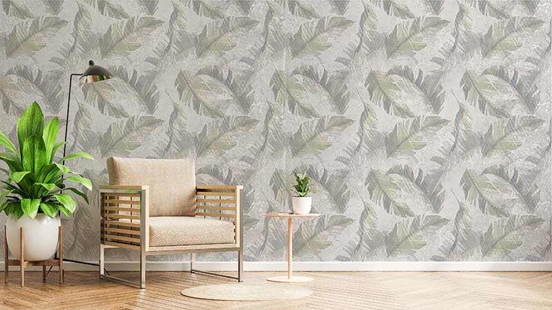 Gray Grunge Leaf Foliage Wallpaper Mural shown in a room