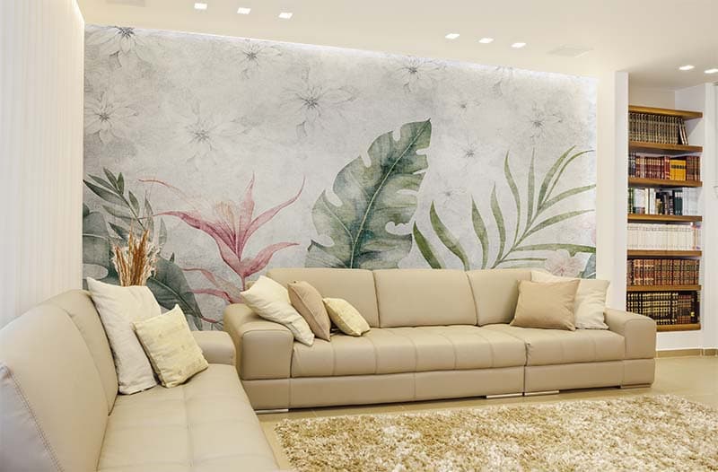 Leafy Grayscape Wallpaper Mural shown in a room