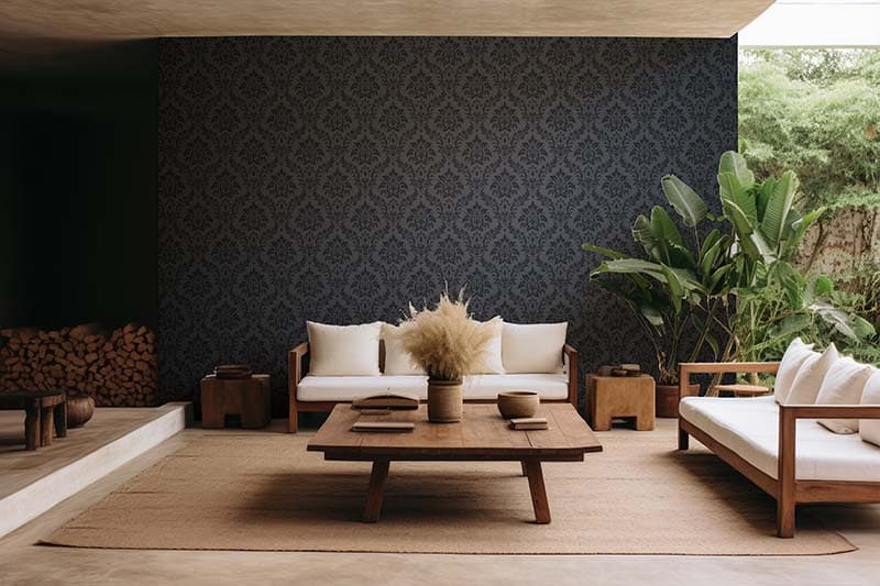 Dark Gray Floral Damask Wallpaper Mural shown in a room