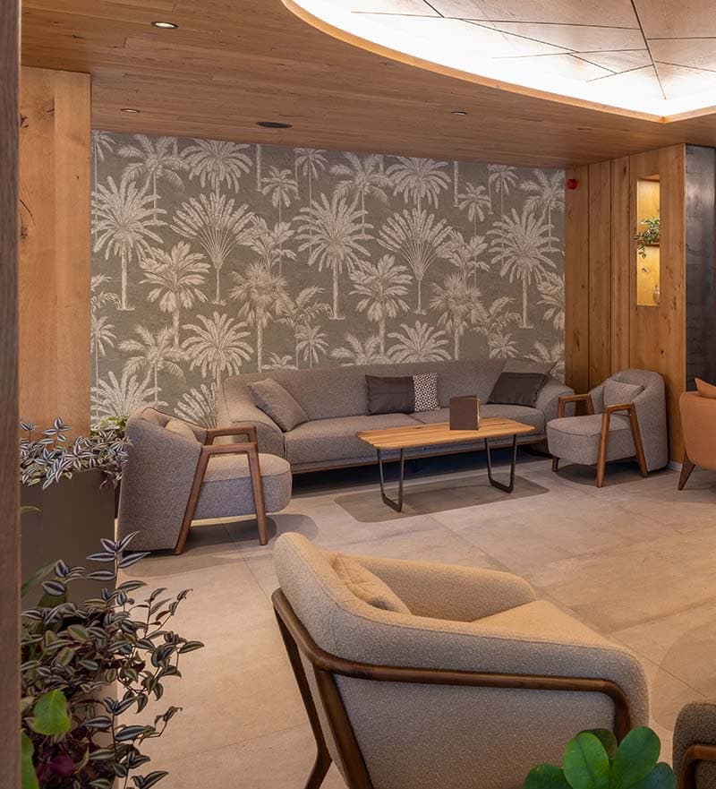 Beige Breeze Palm Serenity Wallpaper Mural shown in a room
