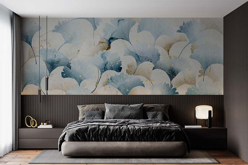 Luxury Ginkgo Leaves Art Wallpaper Mural shown in a room