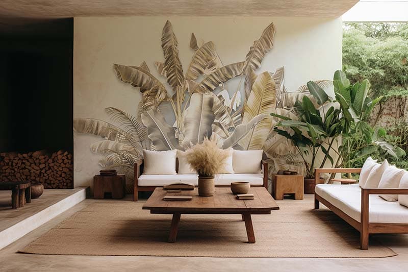 Taru, 3D Gold Tropical Wallpaper Design shown in a room