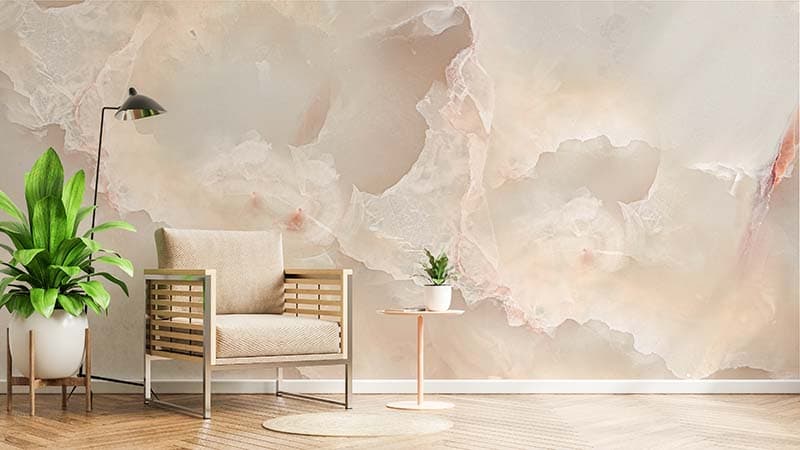 Ivory Cream Onyx Marble Wallpaper Mural shown in a room