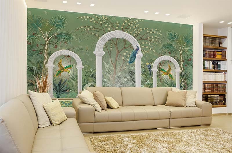 Aramya, Chinoiserie Style Landscape Wallpaper Mural shown in a room