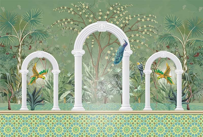 Aramya, Chinoiserie Style Landscape Wallpaper Mural pattern detail