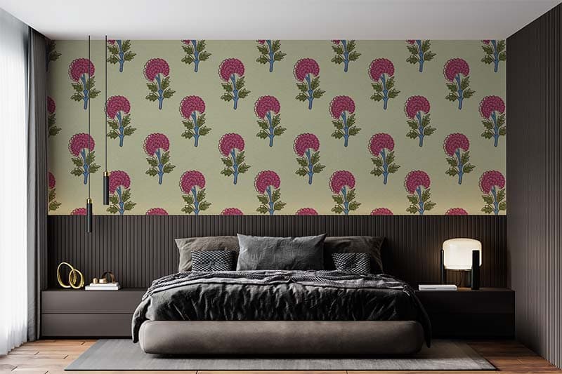 Spring Floral Block Print Wallpaper Mural shown in a room