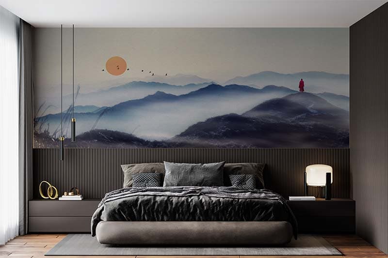 Sunrise Zen Landscape Wallpaper Mural shown in a room