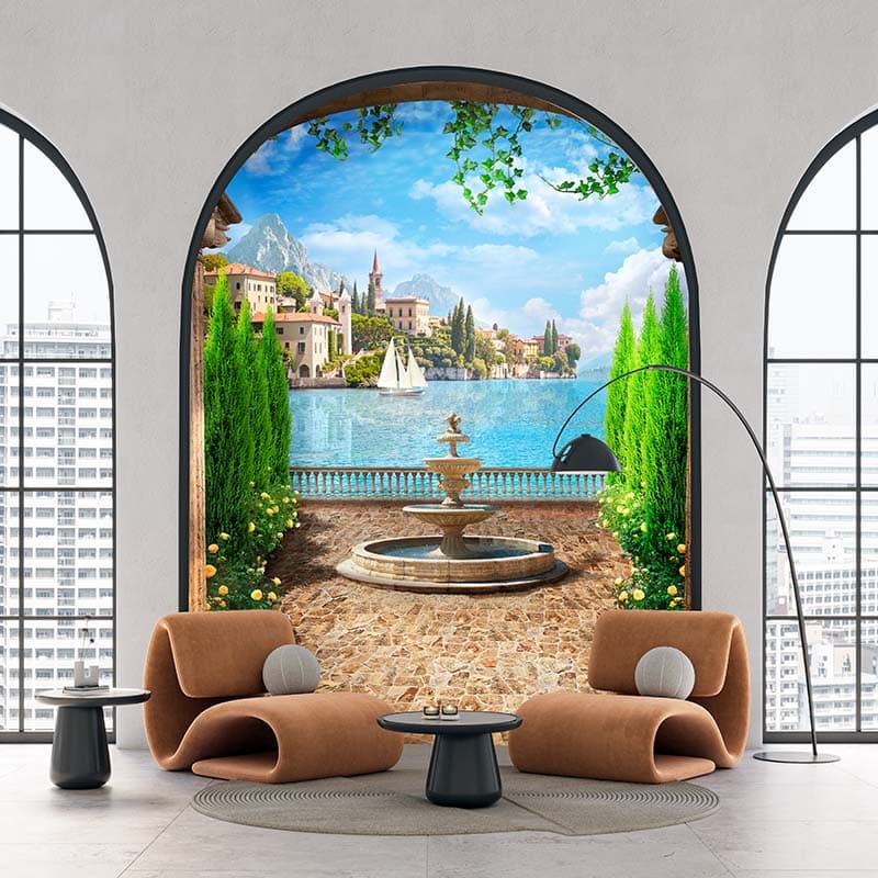 3D Beautiful Lakescape Wallpaper Mural shown in a room