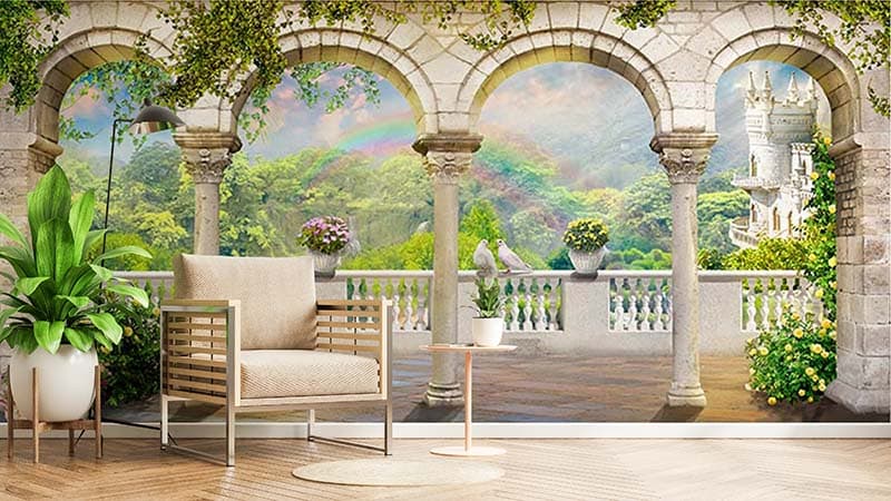 3D Mountainscape Window Wallpaper Mural shown in a room