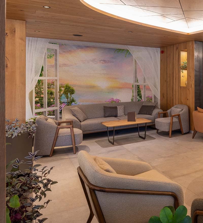 Beautiful Window Balcony View Wallpaper Mural shown in a room
