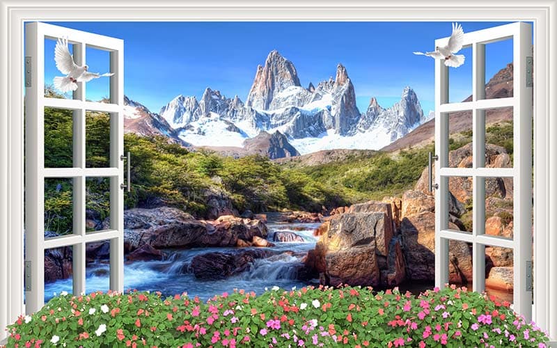 Serene Mountaineous Window View Wallpaper Mural pattern detail