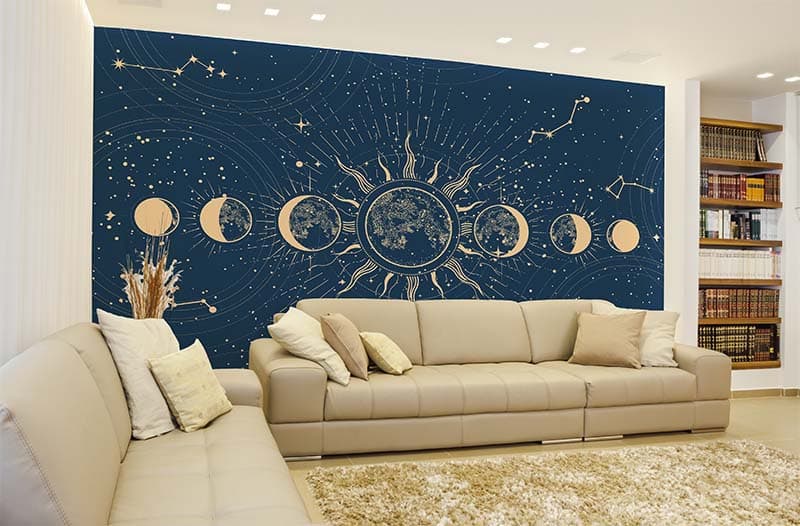 Lunar Phases and Moon Eclipse Wallpaper Mural shown in a room