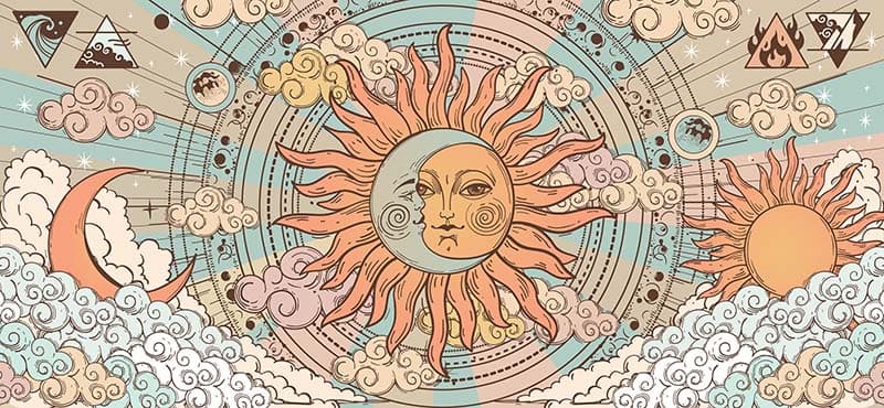 Vintage Sun and Moon Face Signs Wallpaper Mural pattern detail