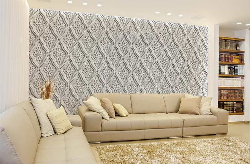 Architectural Art Stucco Style Wallpaper Mural shown in a room