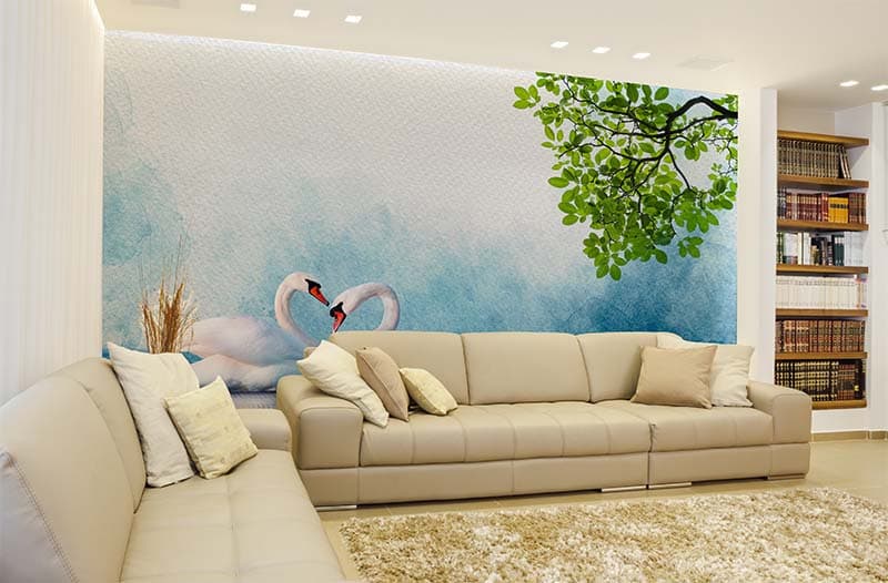 Angsa, White Swan Couple Art Wallpaper Mural shown in a room