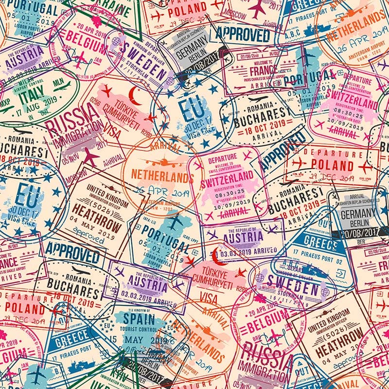 Shabby Chic Passport Visa Stamps Wallpaper Mural pattern detail