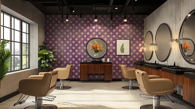 Shabby Chic Purple Polka Dots Wallpaper Mural shown in a room