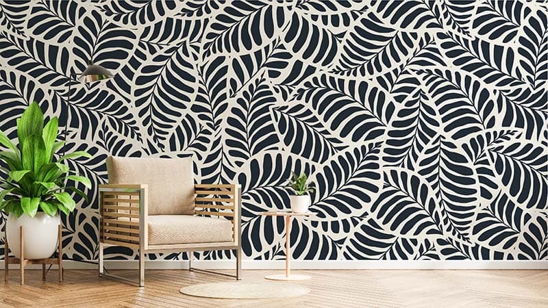 Beautiful B&W Leaves Pattern Wallpaper Mural shown in a room
