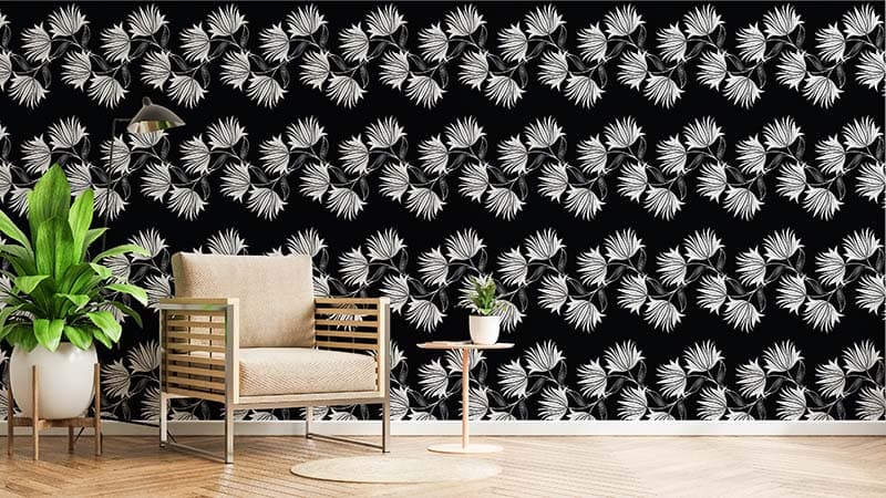 Black and White Floral Vine Wallpaper Mural shown in a room