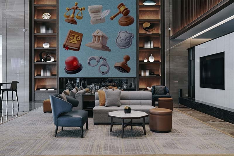 3D Law and Judgment Icons Wallpaper Mural shown in a room