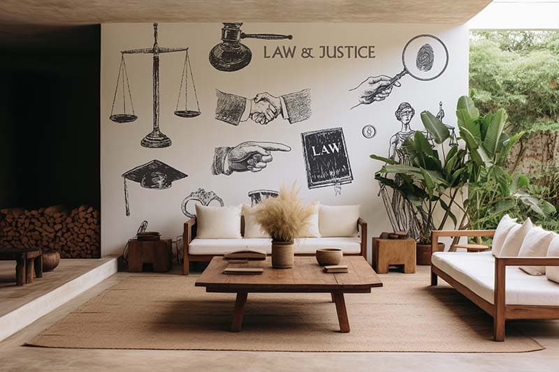 Law and Justice Symbols Wallpaper Mural shown in a room