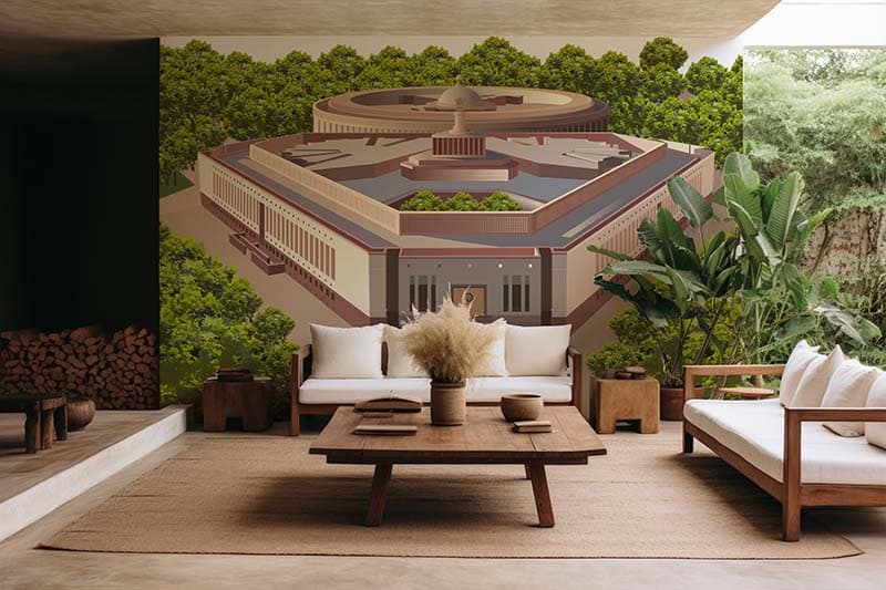 New Indian Parliament in Delhi Wallpaper Mural shown in a room
