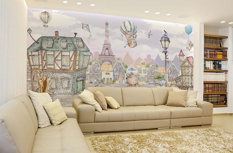 Cute Animals in Paris Kids Wallpaper Mural shown in a room