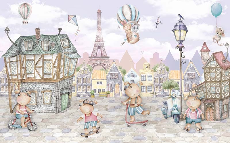 Cute Animals in Paris Kids Wallpaper Mural pattern detail