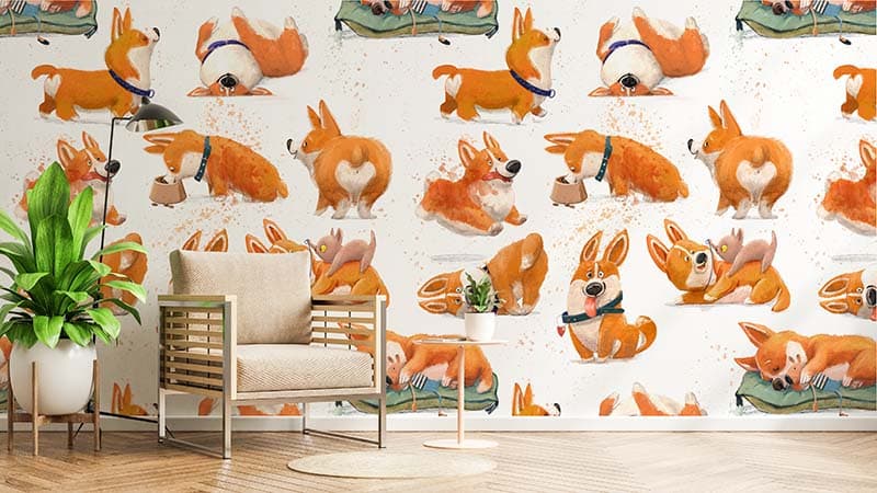 Cute Corgi Dog Wallpaper Mural shown in a room