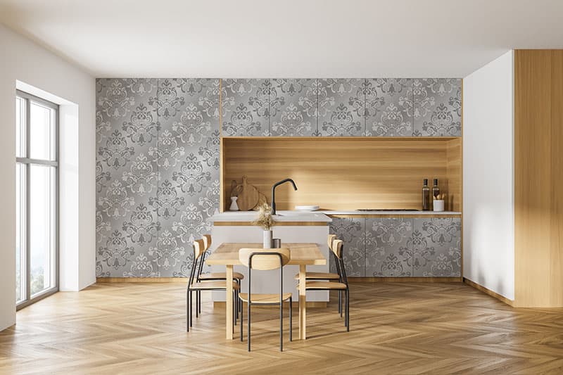 Silver Damask Kitchen Wallpaper Mural shown in a room