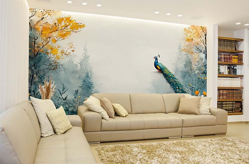 Forest Dreamscape with Peacock Elegance Wallpaper shown in a room