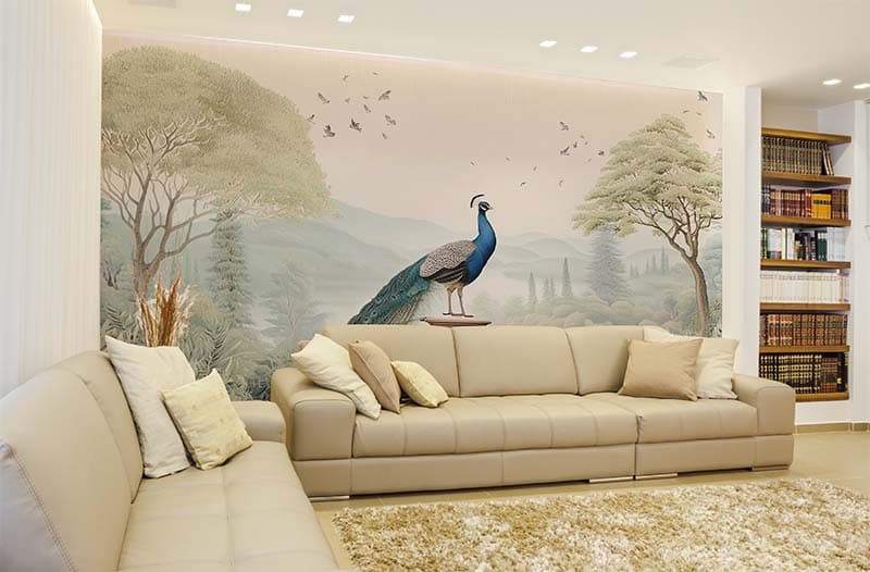 Peacock’s Enchanted Forest Wallpaper Mural shown in a room