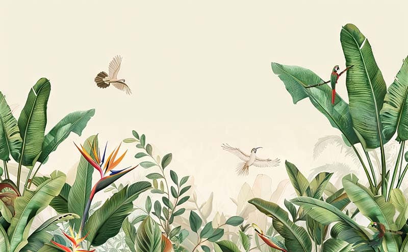 Tropical Wings and Greenery Wallpaper Mural pattern detail