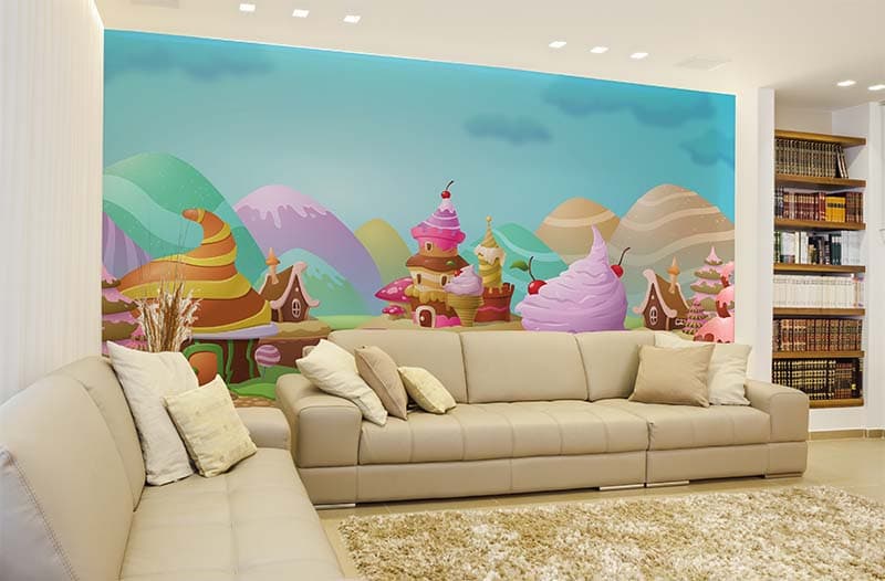 Colorful Candy Town Landscape Wallpaper Mural shown in a room