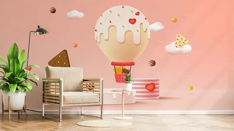 Ice Cream Hot Air Balloon Wallpaper Mural shown in a room