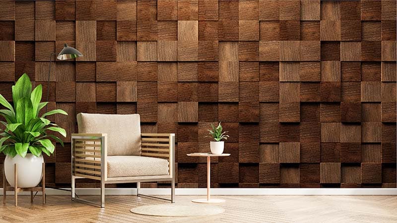 3D Wooden Cubes Texture Wallpaper Mural shown in a room
