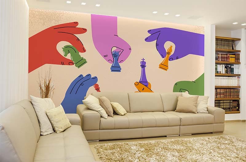 People Playing Chess Wallpaper Mural shown in a room