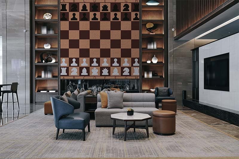 Wooden Chess Board Effect Wallpaper Mural shown in a room