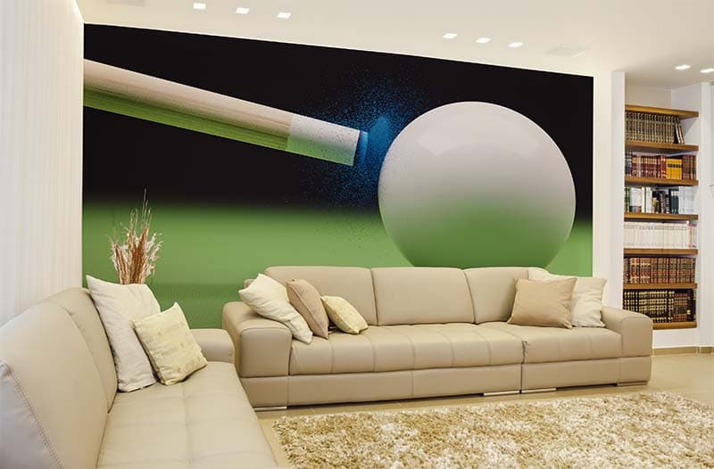 Cue Stick Hitting Cue Ball Wallpaper Mural shown in a room