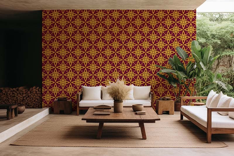 Maroon Gold Luxury Motifs Wallpaper Mural shown in a room