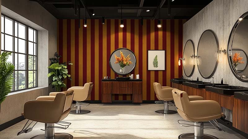 Yellow Gold and Maroon Wallpaper Mural shown in a room