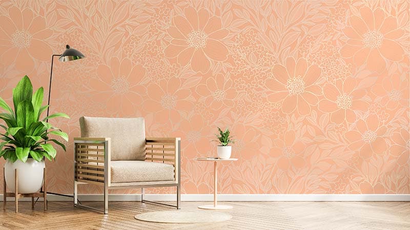 Luxurious Peach Fuzz Floral Wallpaper Mural shown in a room
