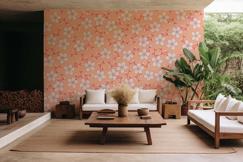 Peach Fuzz Cherry Blossom Wallpaper Mural shown in a room