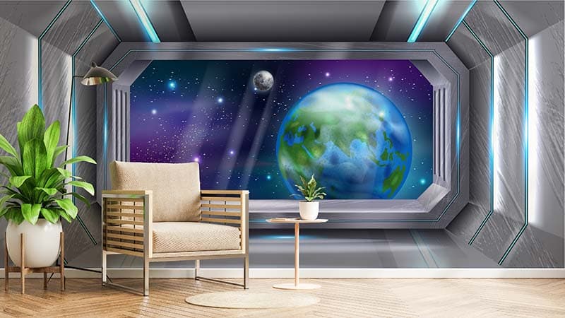 Spacecraft Window View Wallpaper Mural shown in a room