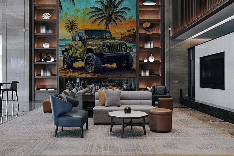 Off Road Camo Jeep Painting Wallpaper Mural shown in a room