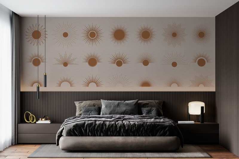 Bohemian Bursting Sun Rays Wallpaper Mural shown in a room